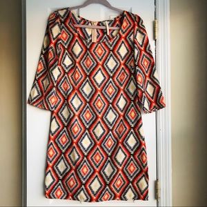 3/4 sleeve orange and blue patterned shirt dress